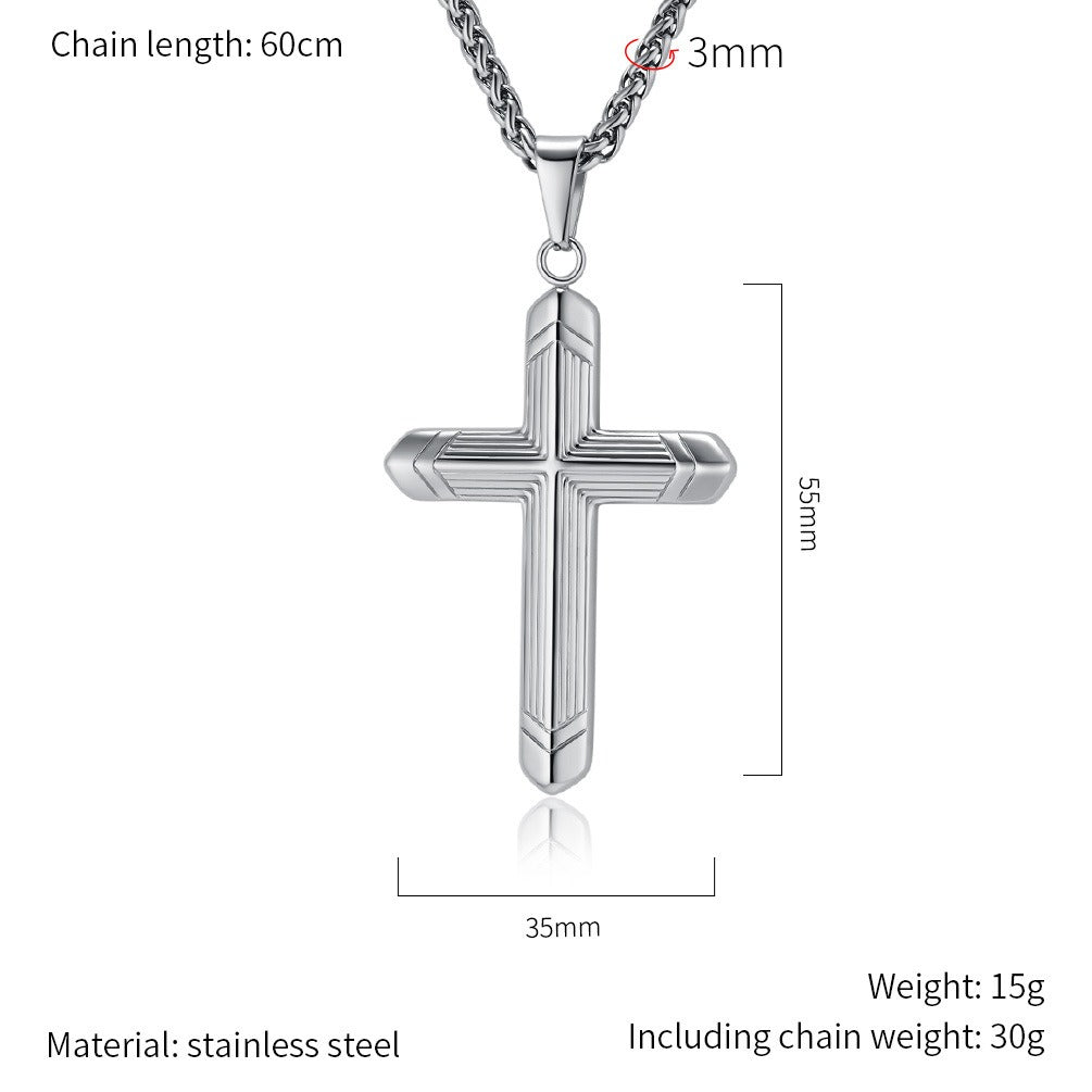 Kemstone Stainless Steel Cross Pendant Necklace for Men – Engraved Line Relief, Silver Gold Black K-PT588
