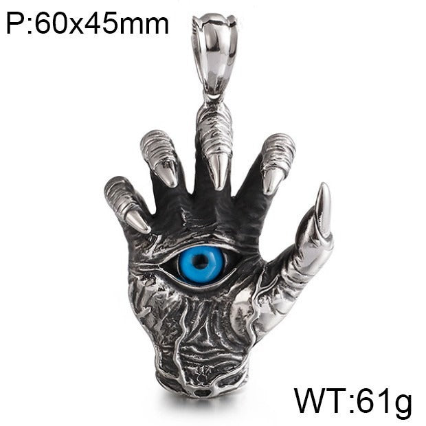 Collana con ciondolo in acciaio al titanio Kemstone Vintage con mano malvagia e occhio blu - Design audace con artiglio di drago per tutti i giorni KP80274