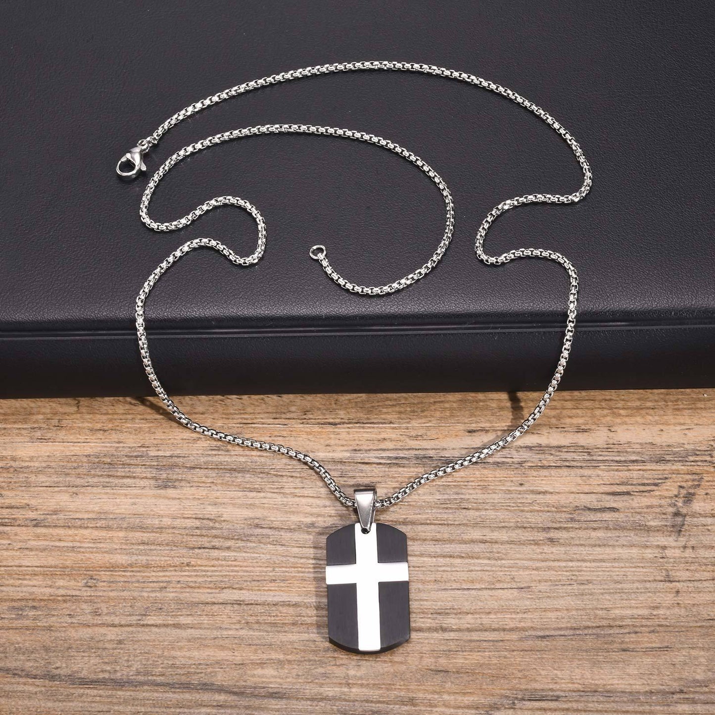 Kemstone Stainless Steel Cross Tag Pendant Necklace for Men Black Brushed Plate PN-1981