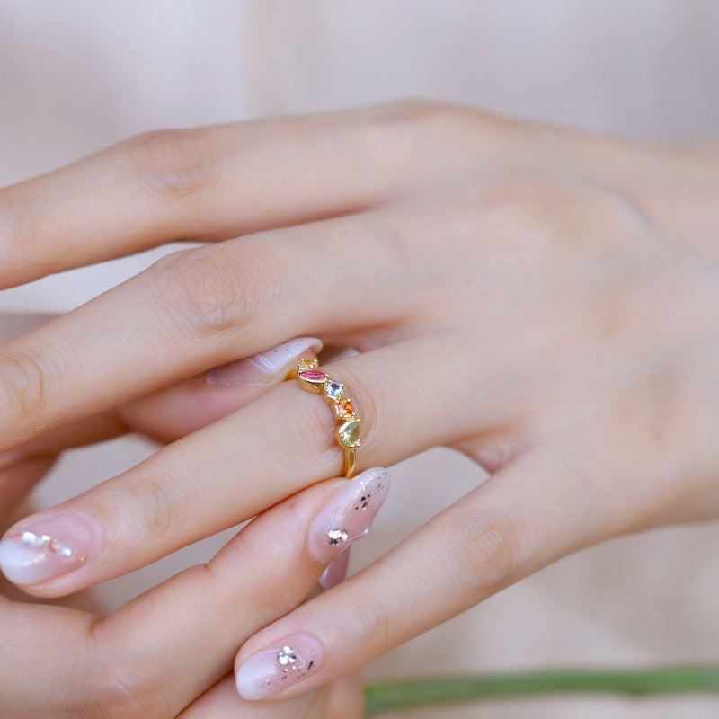 Anillo geométrico arcoíris de plata de ley S925 con diseño original artesanal de Kemstone y nanocircón - Joyería bañada en oro