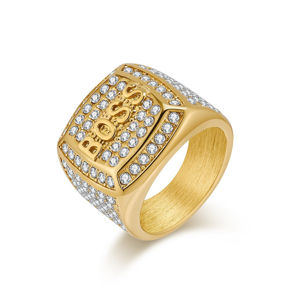 Kemstone Signet Ring for Men Stainless Steel Letter Cubic Zirconia Silver Gold K-R936