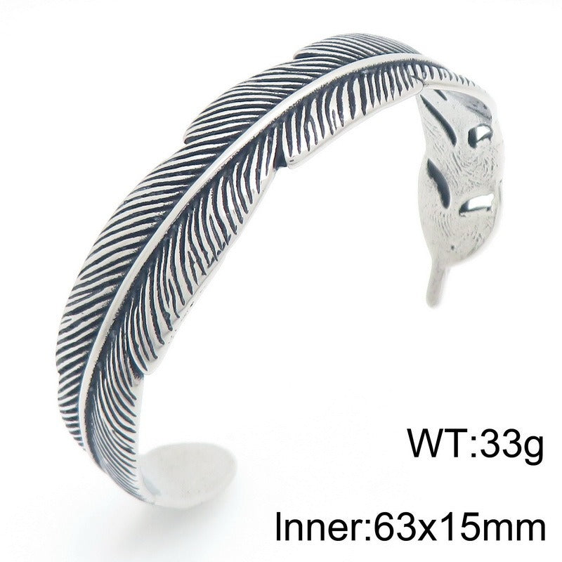 Kemstone Viking Raven Celtic Knot Feather Cuff Bracelet – Titanium Steel Open Bangle for Men KB209301-LU
