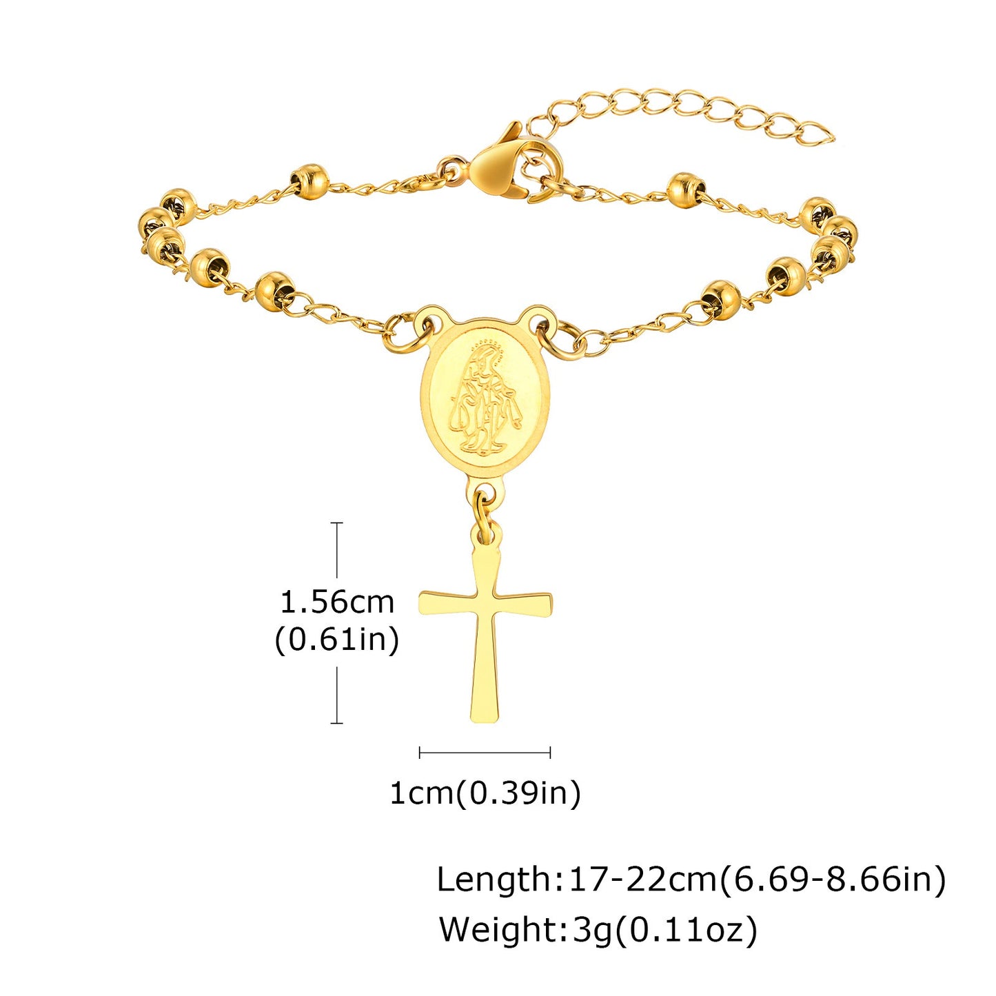 Elegante pulsera de cadena de cuentas de rosario de acero inoxidable con dije de cruz de la Virgen - Joyería espiritual hipoalergénica en tono dorado para mujer BR-2234