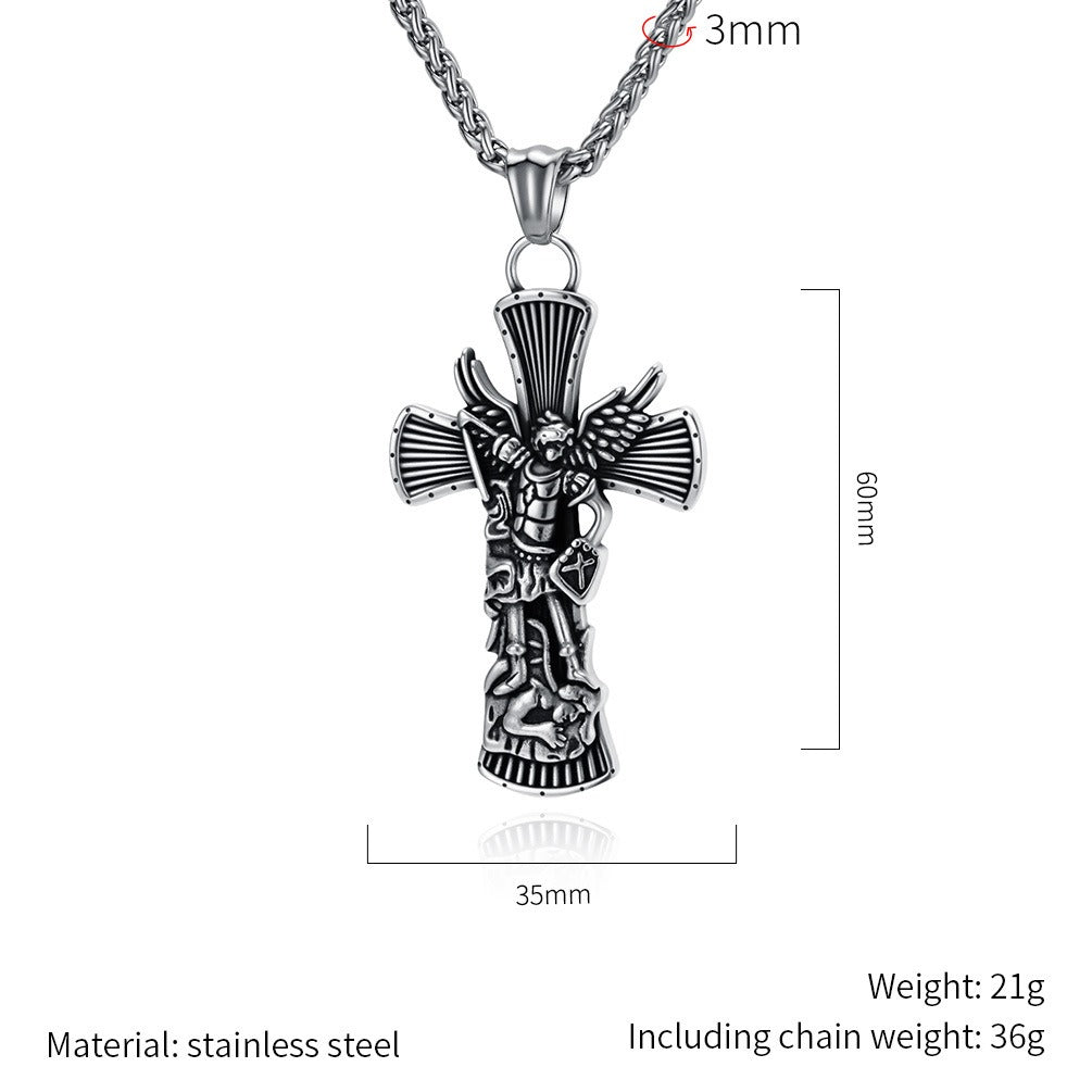 Kemstone Stainless Steel Cross Necklace for Men Angel Figure Detailed Pendant Chain Silver Gold Black K-PT706