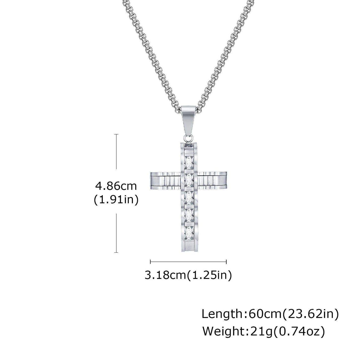 Kemstone Stainless Steel Cross Pendant Necklace for Men Square Cubic Zirconia Silver PN2058