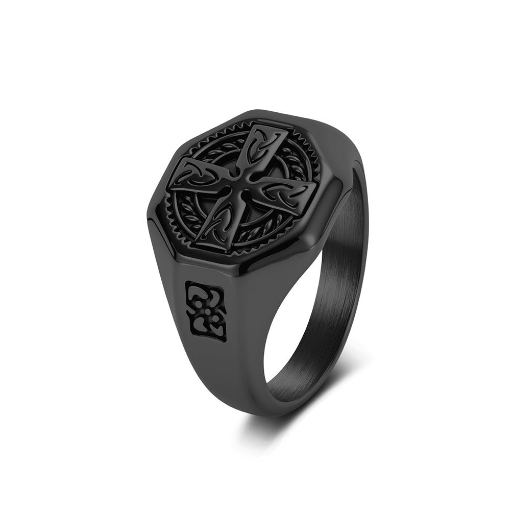Kemstone Stainless Steel Celtic Cross Ring for Men Vintage Knot Signet Nordic Style Silver Gold Black K-R1142