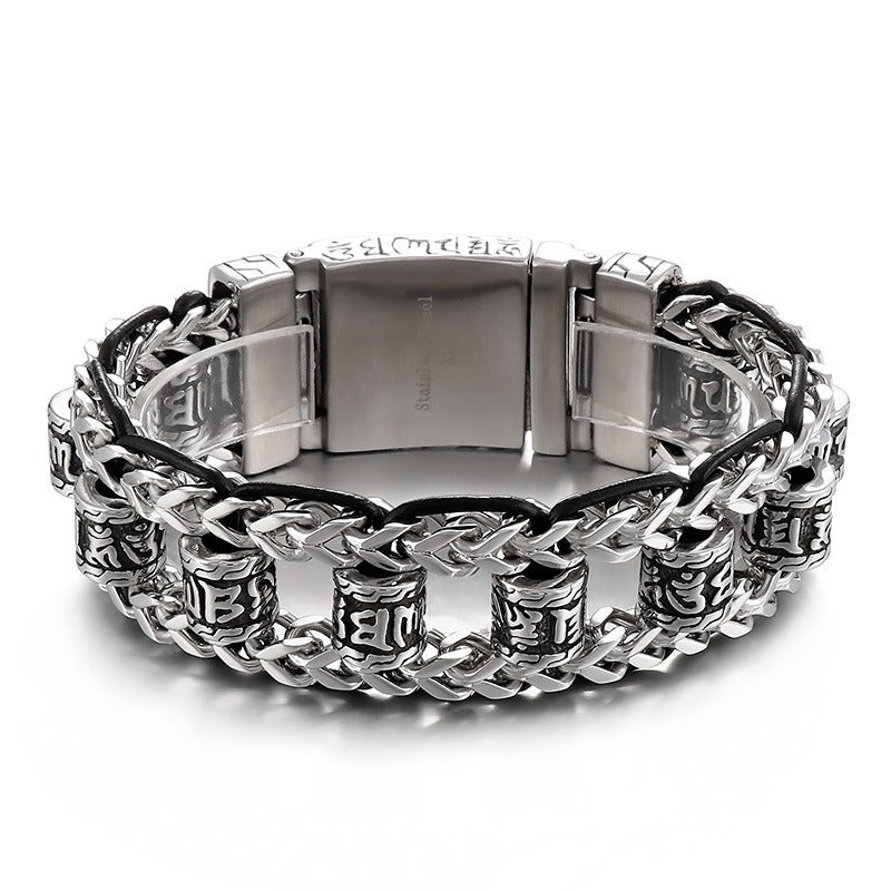 Kemstone Vintage-Style Dragon Bone Chain Bracelet & Punk Hollow-Titanium Steel Man's Ancient Six-Syllable True-Word Necklace KB145903
