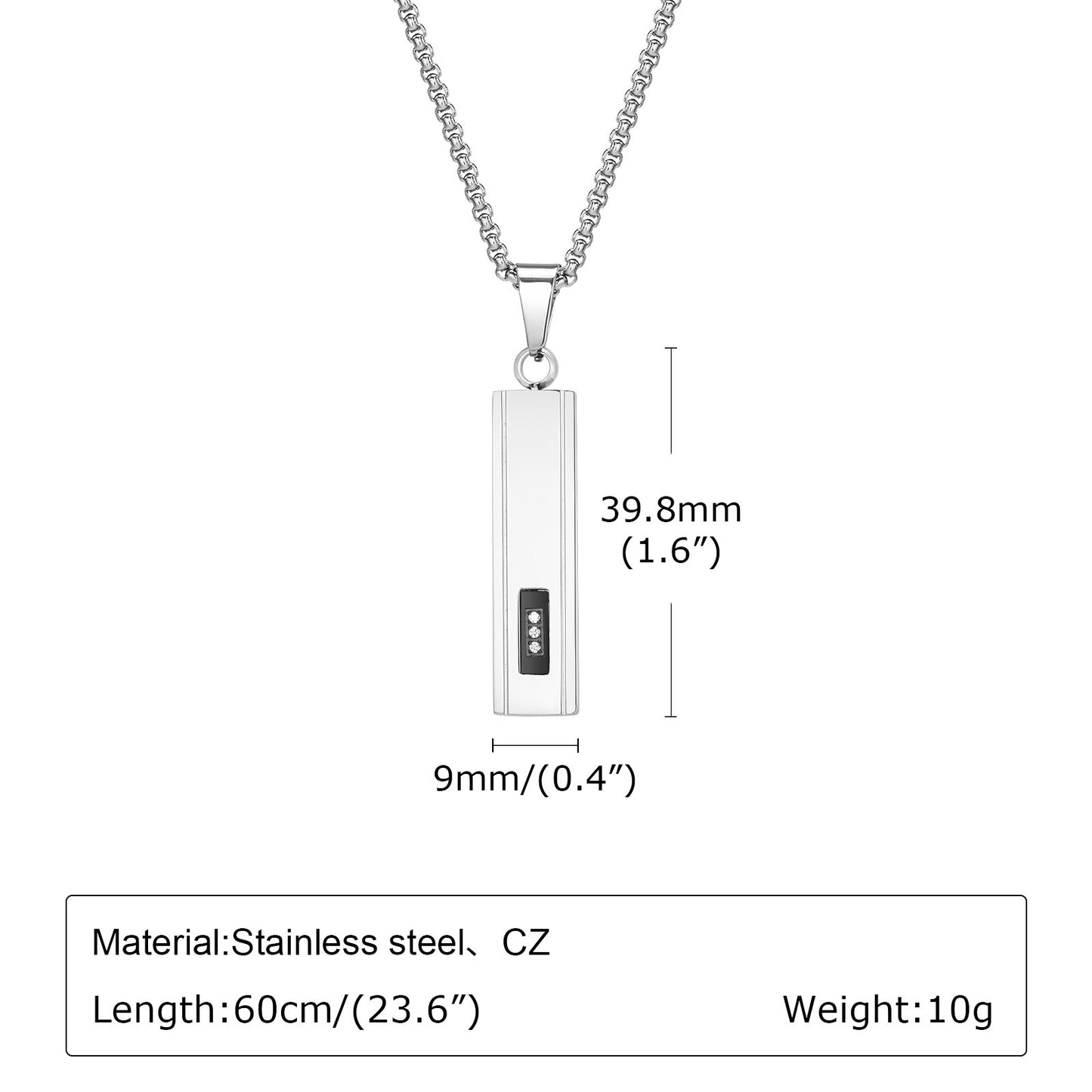 Kemstone Stainless Steel Cubic Zirconia Bar Pendant Necklace for Men PN2043