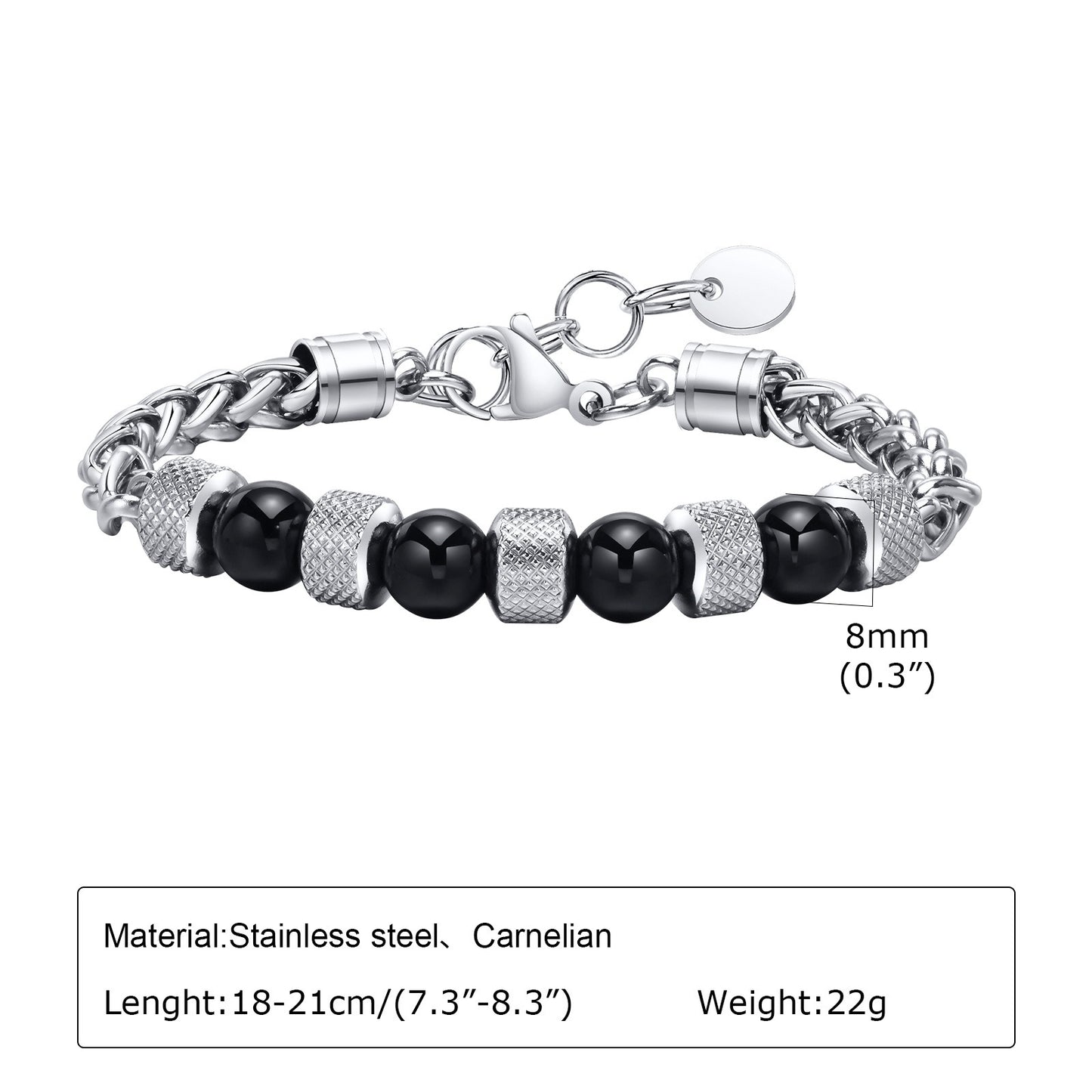 Kemstone Tiger Eye Beaded Chain Bracelet for Men Stainless Steel Natural Stone Adjustable BR-1717