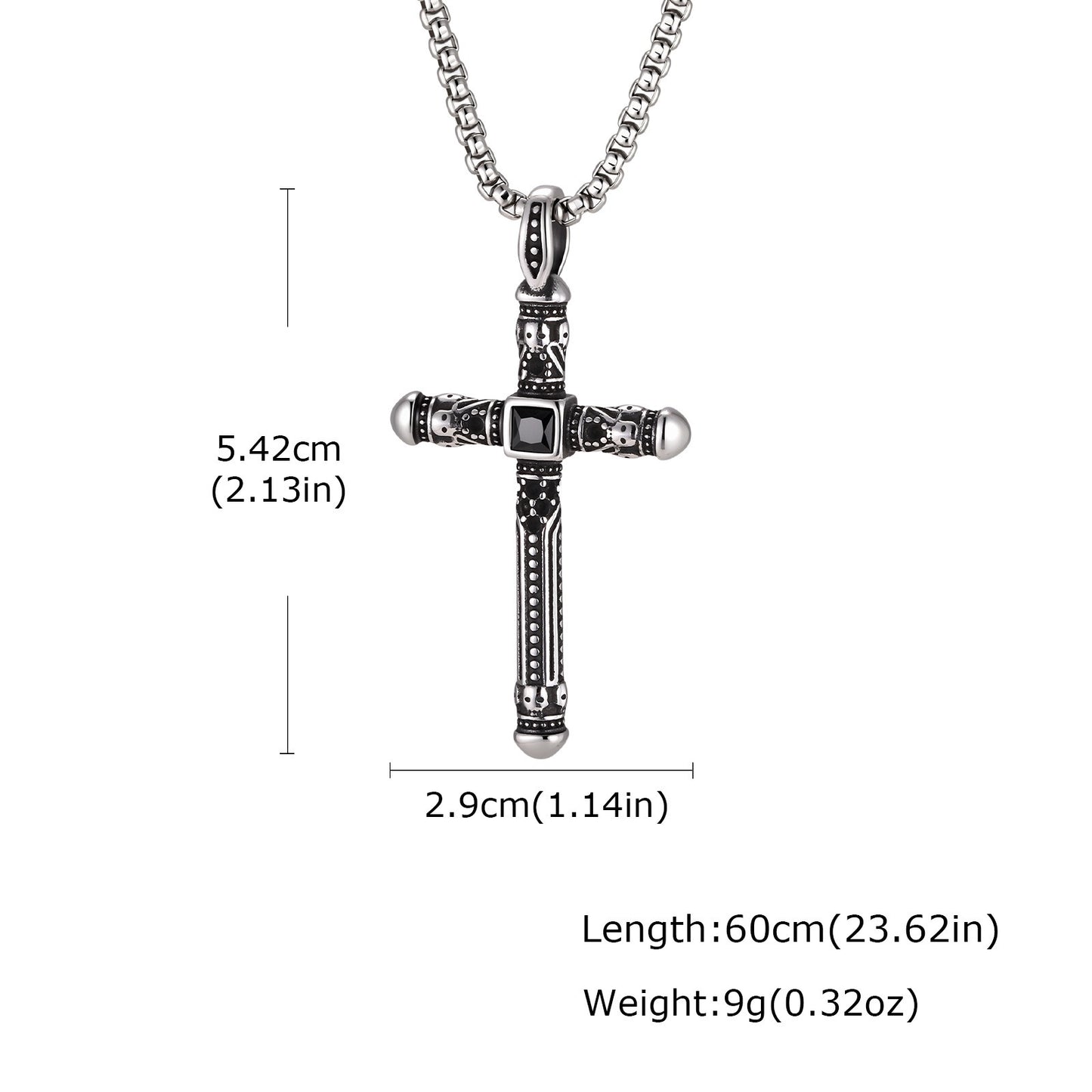 Kemston Cross Necklace for Men Black Cubic Zirconia Vintage Engraved Stainless Steel Pendant PN-2411