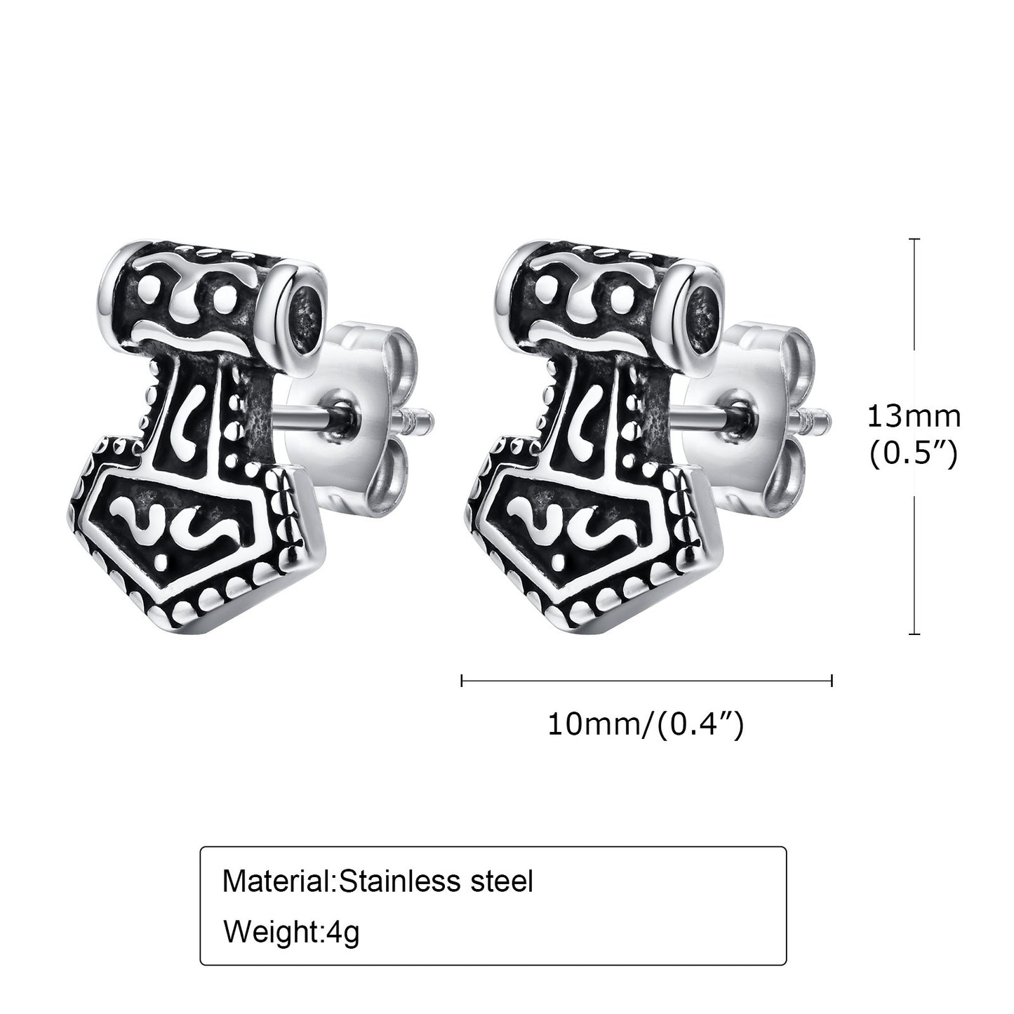 Kemstone Stainless Steel Thor Hammer Stud Earrings Men Nordic Vintage ES-436