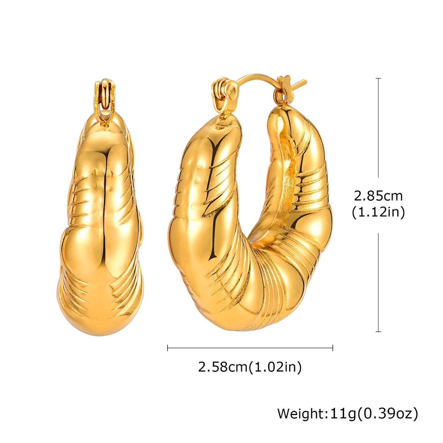 Pendientes de aro dorados texturizados en forma de C - Joyería de acero inoxidable con relieve para mujer (Regalo hipoalergénico de lujo con grabado personalizado) EH-724