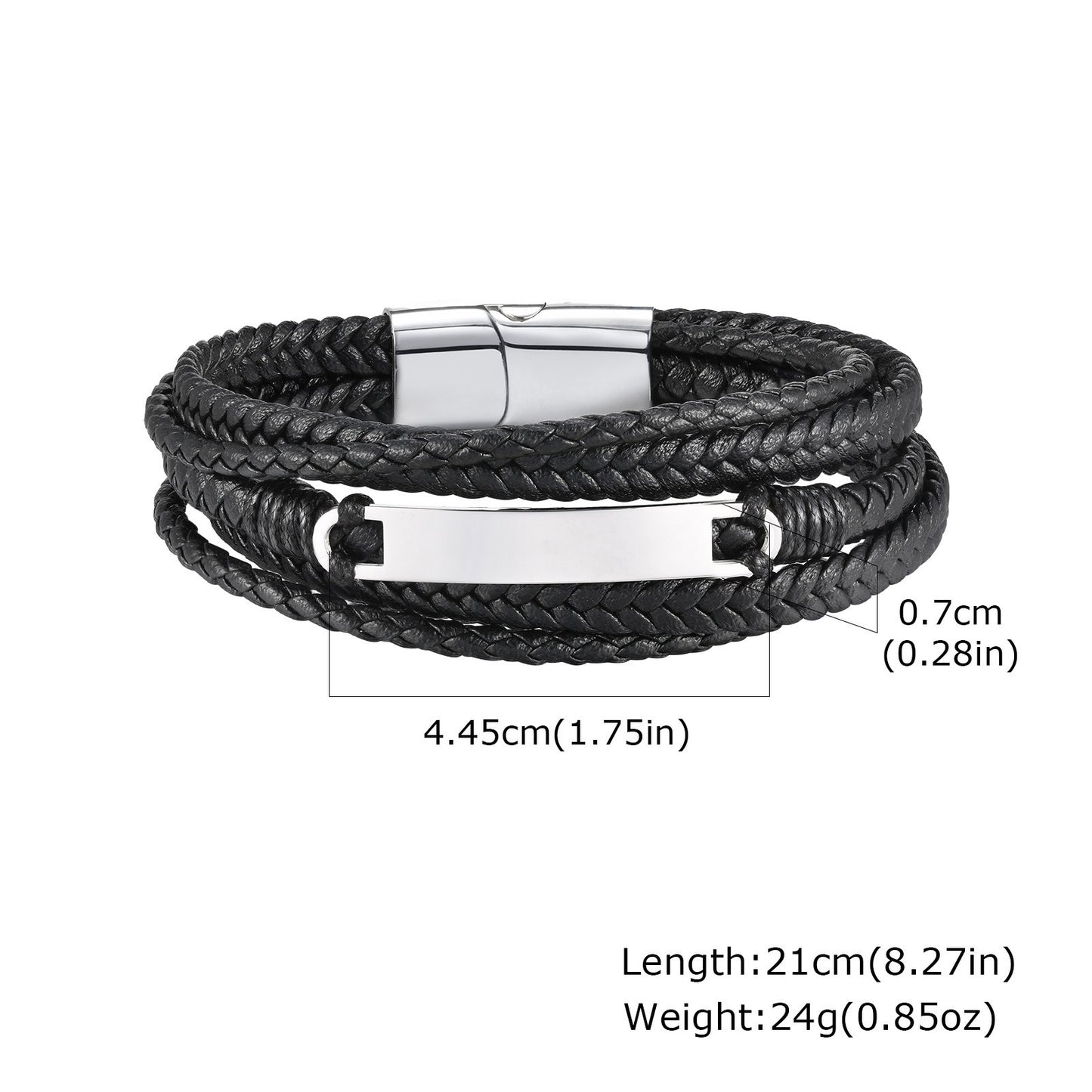 Kemstone Stainless Steel Curved Plate Multi-Layer PU Leather Bracelet for Men – Black Double Wrap Design BL-783