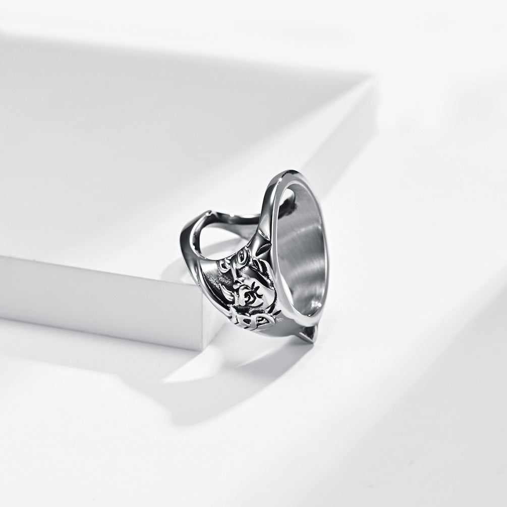 Kemstone Rhino Head Utility Signet Ring – Stainless Steel Opener Detail for Men, Silver K-R476