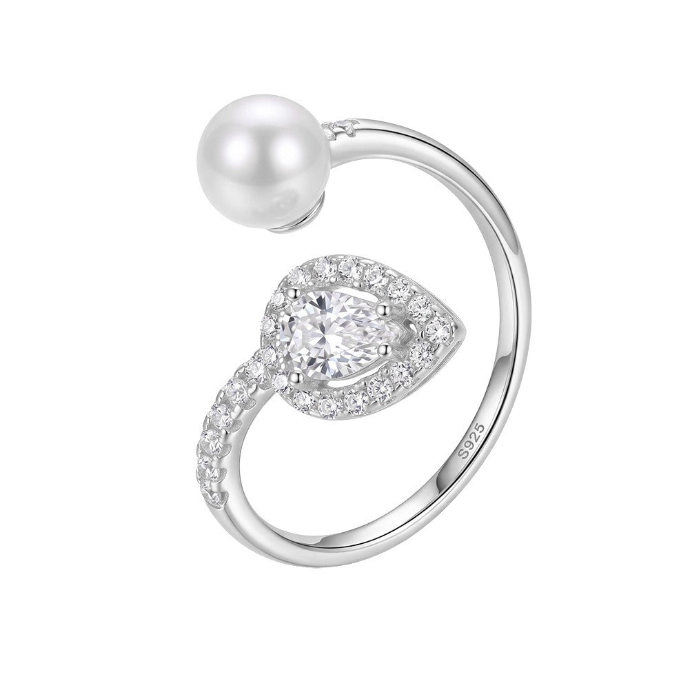 Kemstone Pearl Open Ring for Women 925 Sterling Silver Pear Cut Cubic Zirconia A4-PSR02
