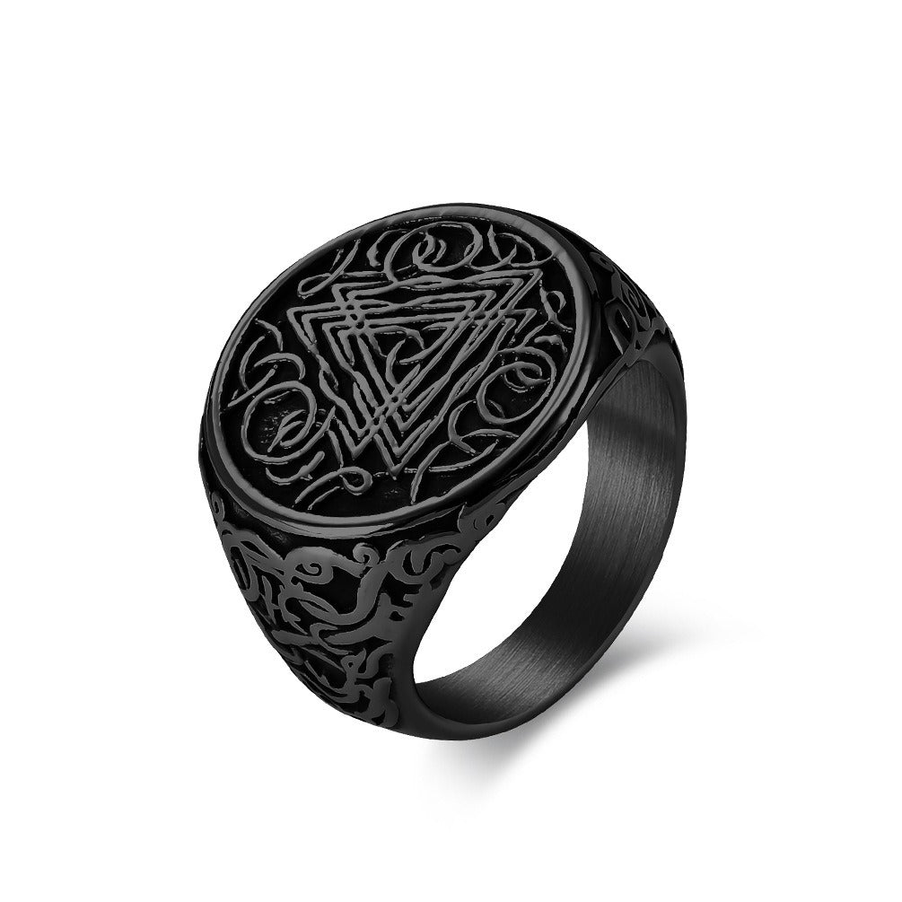 Kemstone Stainless Steel Viking Triangle Knot Signet Ring for Men Silver Black K-R735