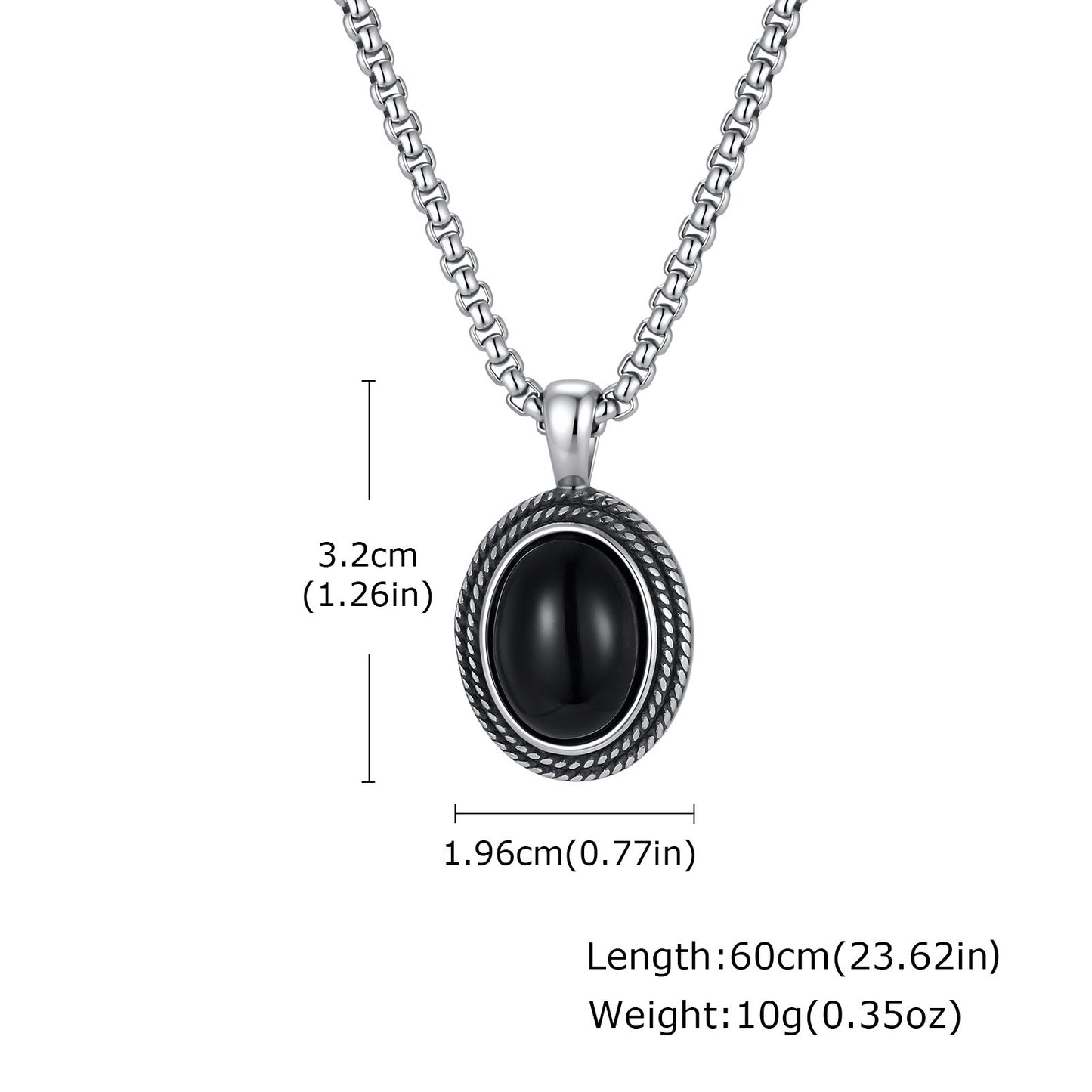Kemston Black Stone Pendant Necklace for Men Stainless Steel Oval Vintage Frame PN-2462