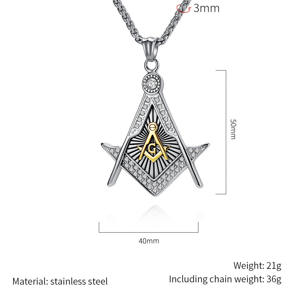 Kemstone Geometric Compass Pendant Necklace for Men Stainless Steel Stone Detail K-PT717