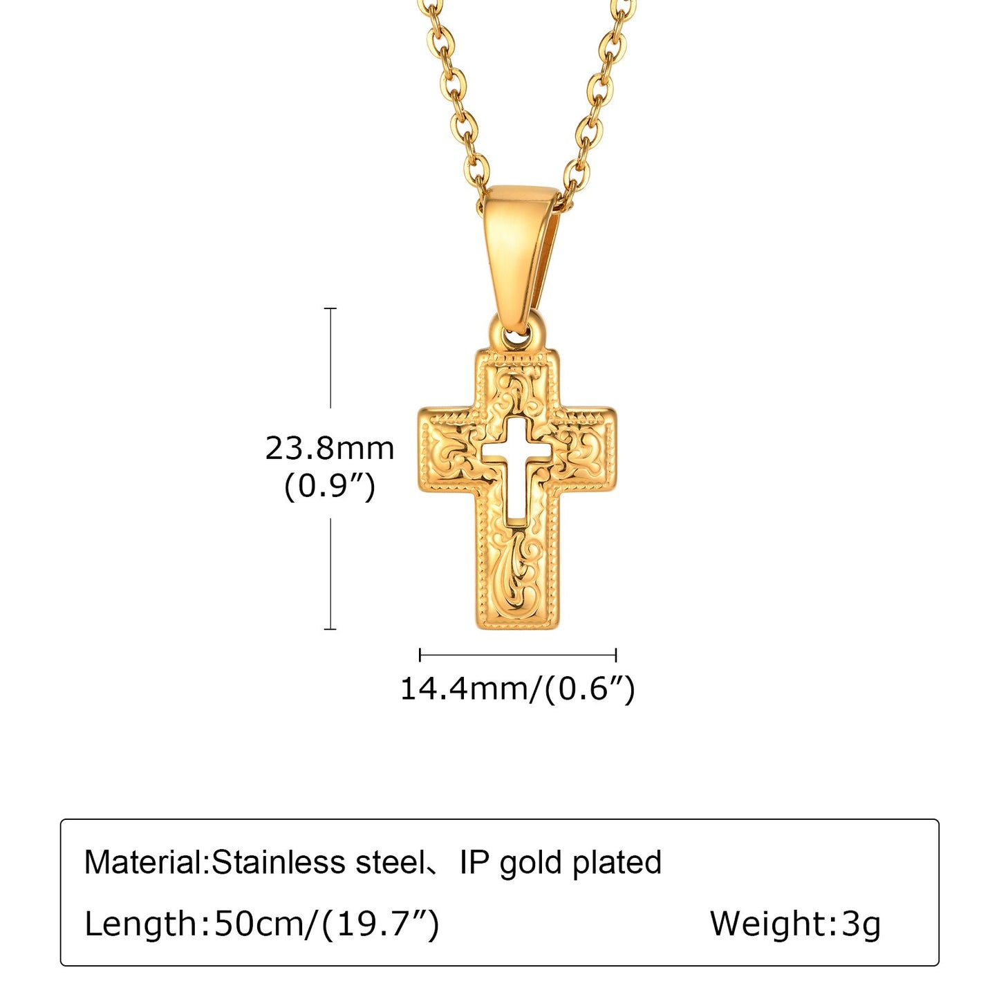 Kemstone Gold-Plated Stainless Steel Cross Pendant Necklace – Vintage Relief Style for Men & Women PN2009