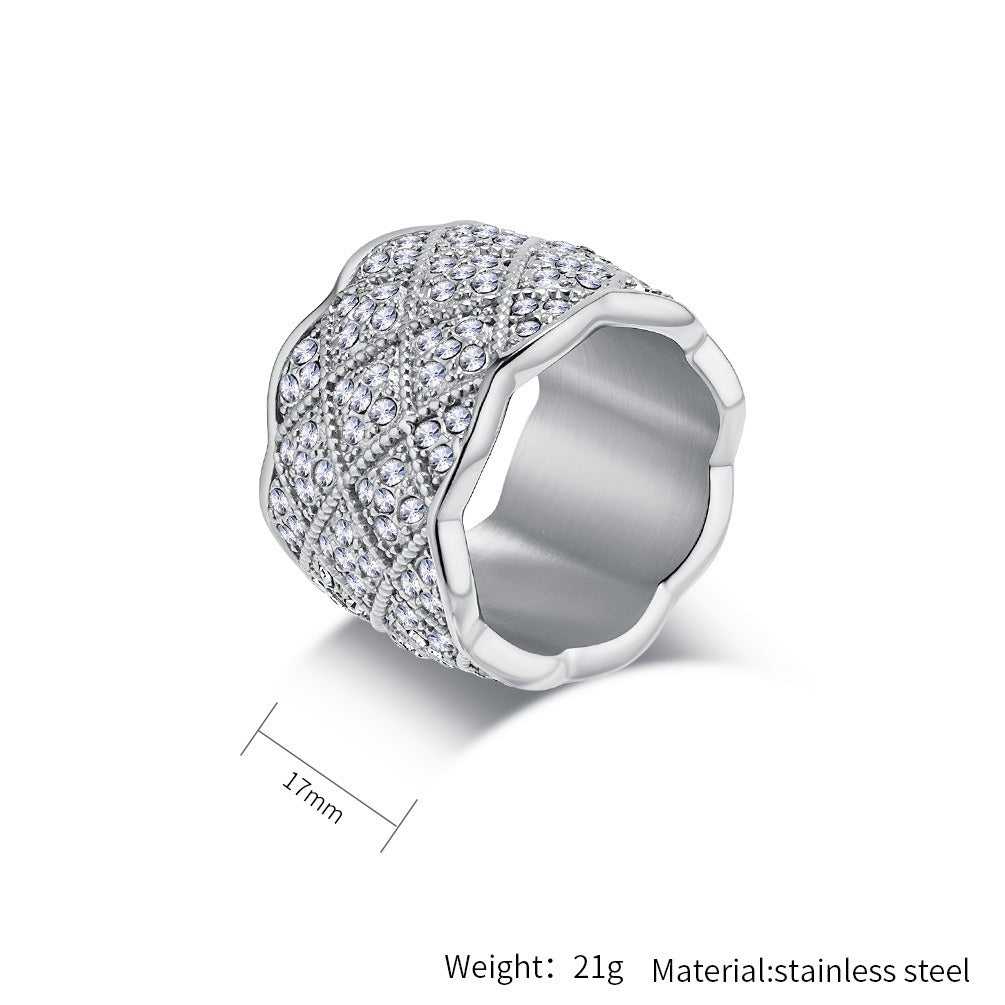 Anillo unisex de malla geométrica con cristales pavé completos, de lujo y espectacular. Joyería de acero inoxidable chapada en oro para un estilo audaz. K-R972
