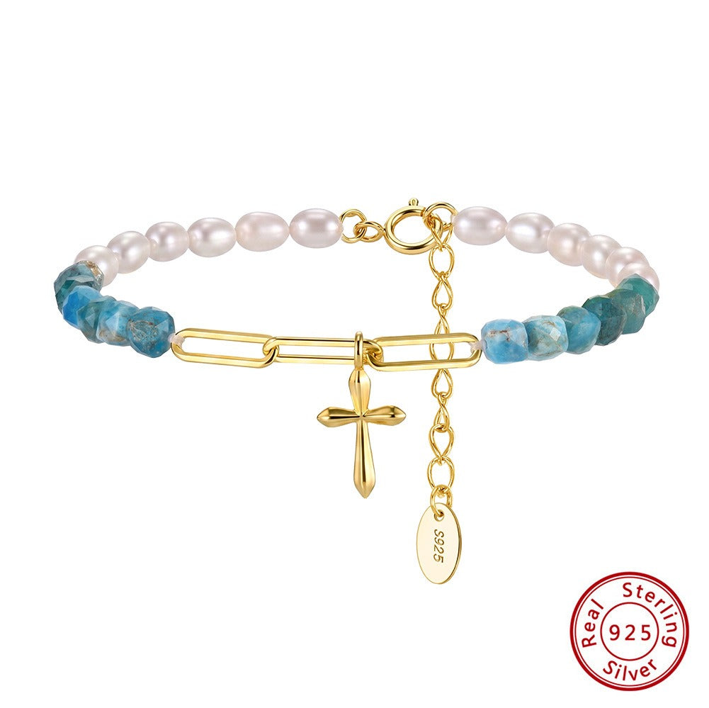 Kemstone 925 Sterling Silver Natural Stone Pearl Beaded Bracelet for Women Cross Charm MPB22