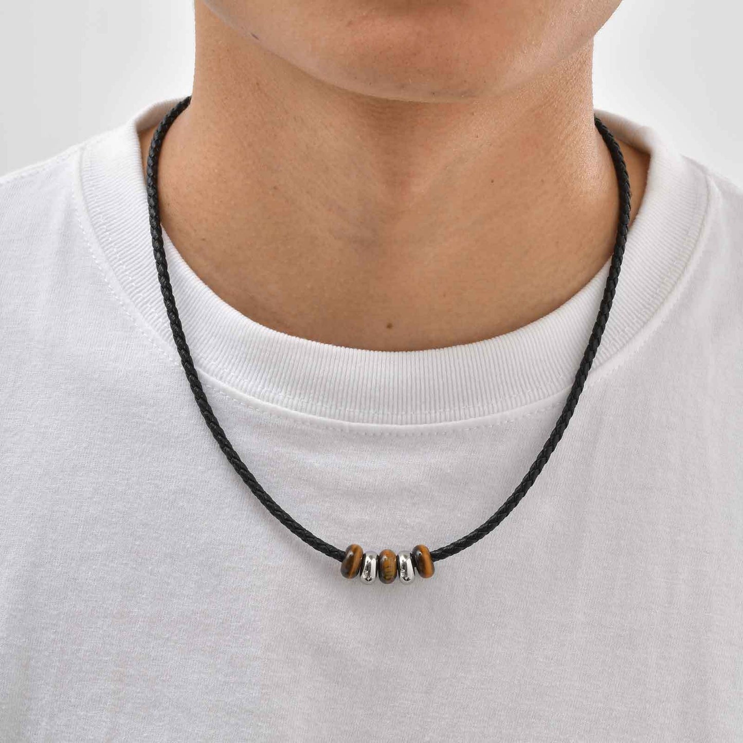 Kemstone Men’s PU Leather Necklace – Black Cord with Tiger Eye & Stainless Steel Beads NC-2405
