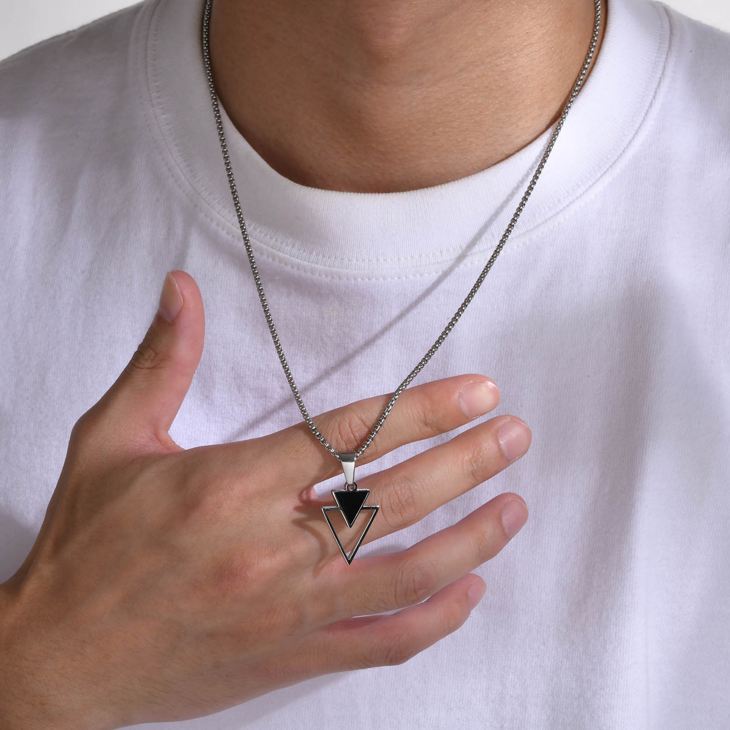 Kemstone Stainless Steel Triangle Pendant Necklace for Men – Black Enamel Geometric Design PN-1834