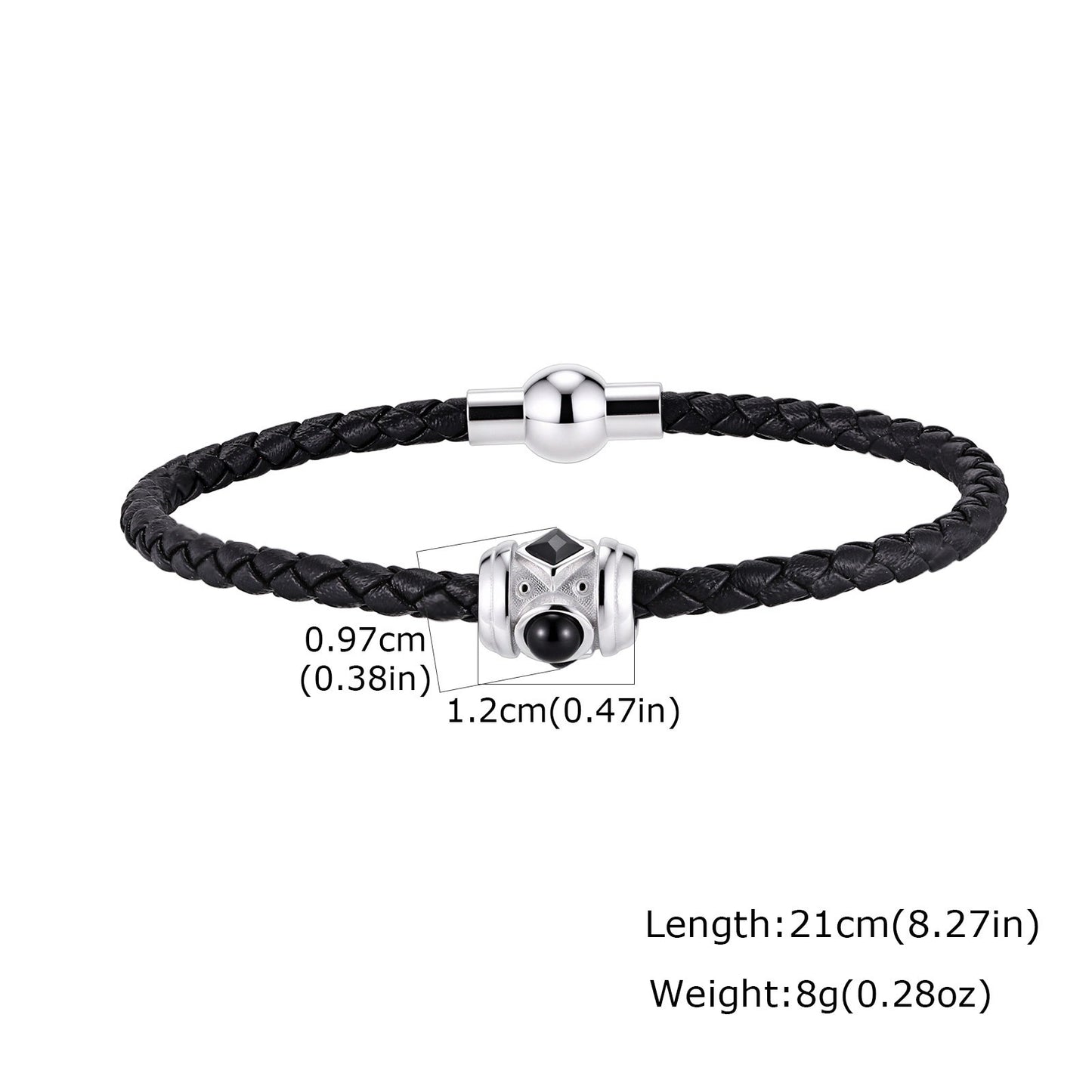 Kemstone Black Leather Bracelet for Men Stainless Steel Zirconia Agate Detail BL-812