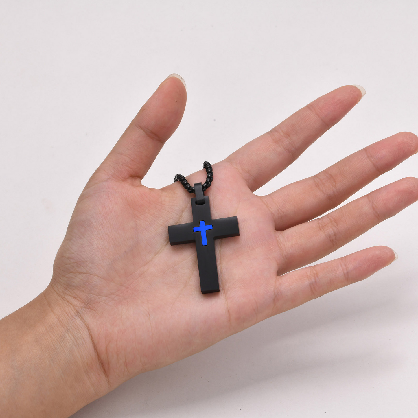 Kemstone Stainless Steel Black Cross Pendant Necklace for Men Blue Accent Detail PN-1916
