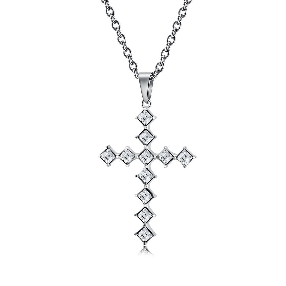 Kemstone Square Cubic Zirconia Cross Pendant Necklace for Men Stainless Steel K-PT502