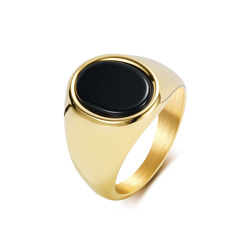 Kemstone Signet Ring for Men Stainless Steel Oval Black Stone Inlay Geometric Style KR1134
