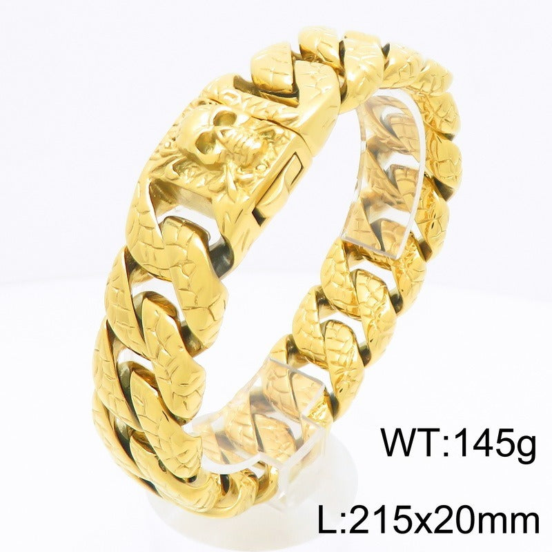 Kemstone Skull Clasp Cuban Link Bracelet for Men Titanium Steel Engraved KP118342-KJX