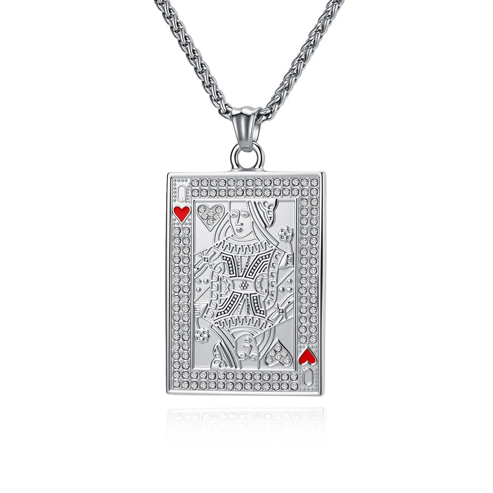 Kemstone Stainless Steel Playing Card Pendant Necklace for Men Women Iced Heart King K-PT719