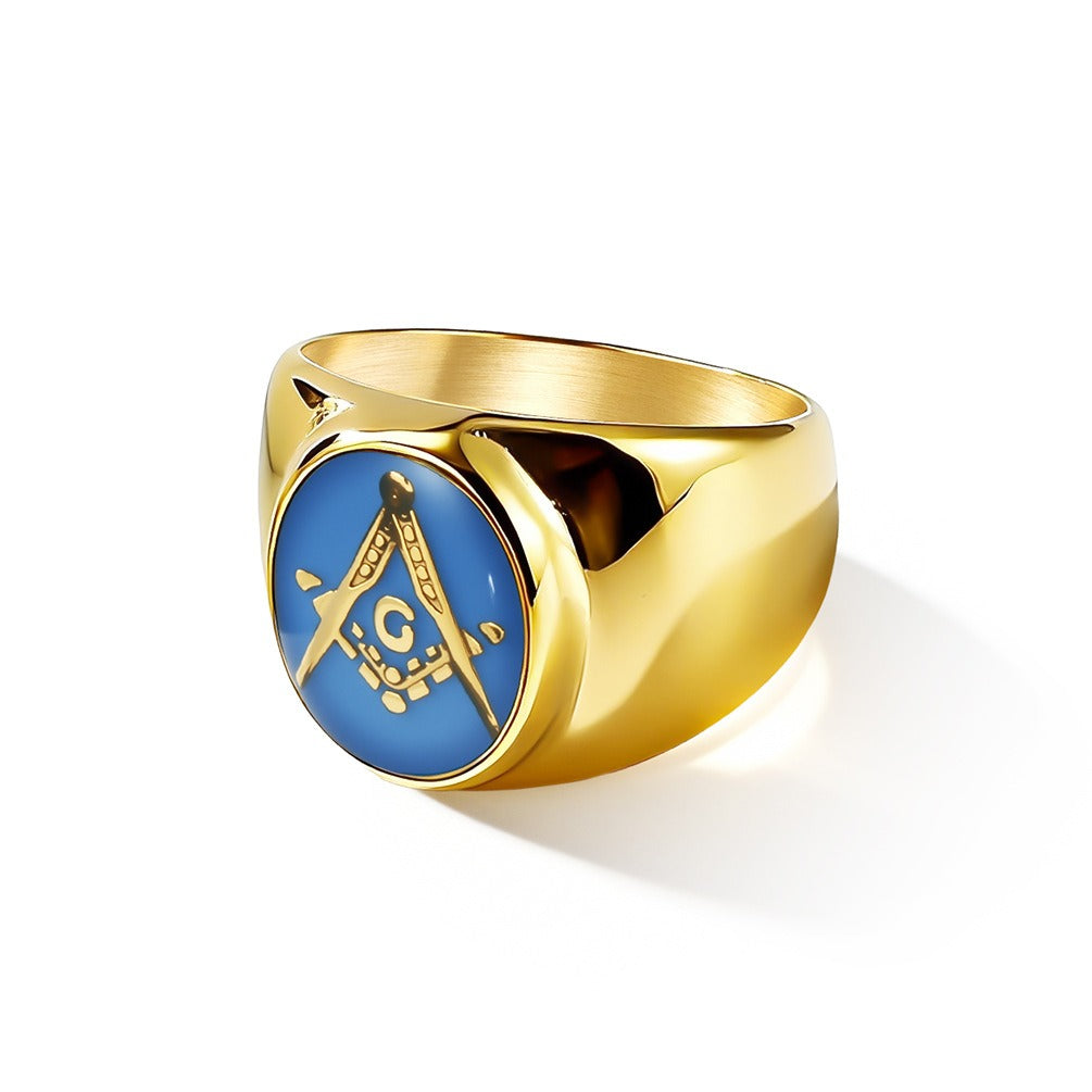 Kemstone Stainless Steel Freemason Blue Emblem Signet Ring for Men Vintage Symbol K-R1182