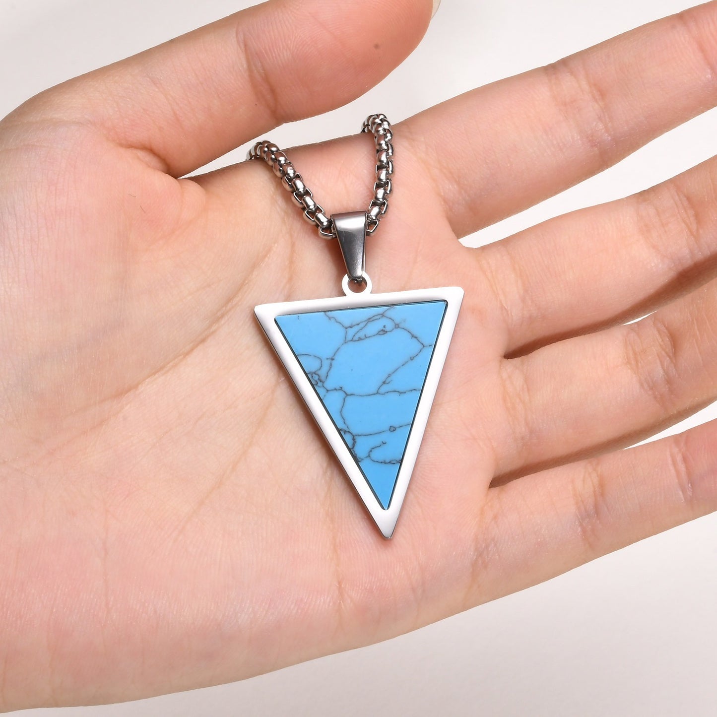 Kemstone Stainless Steel Turquoise Triangle Pendant Necklace – Geometric Stone Charm for Men PN-2023