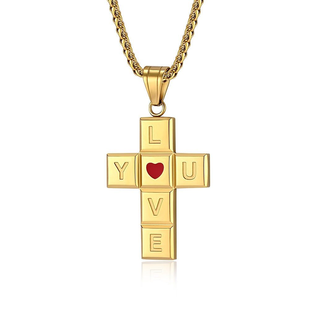 Kemstone Love Heart Cross Pendant Necklace for Men Stainless Steel K-PT554