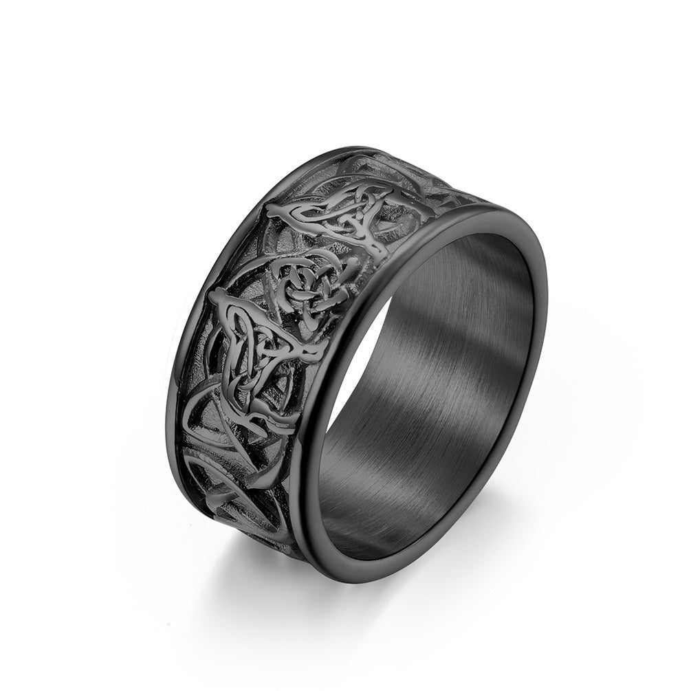 Kemstone Men's Celtic Knot Titanium Steel Ring – Wolf Design K-R572