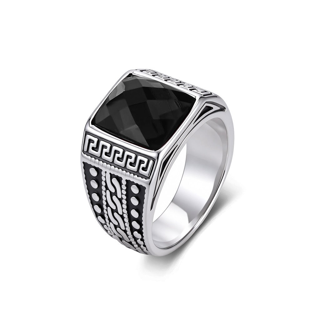 Kemston Stainless Steel Engraved Square Stone Signet Ring for Men R7007