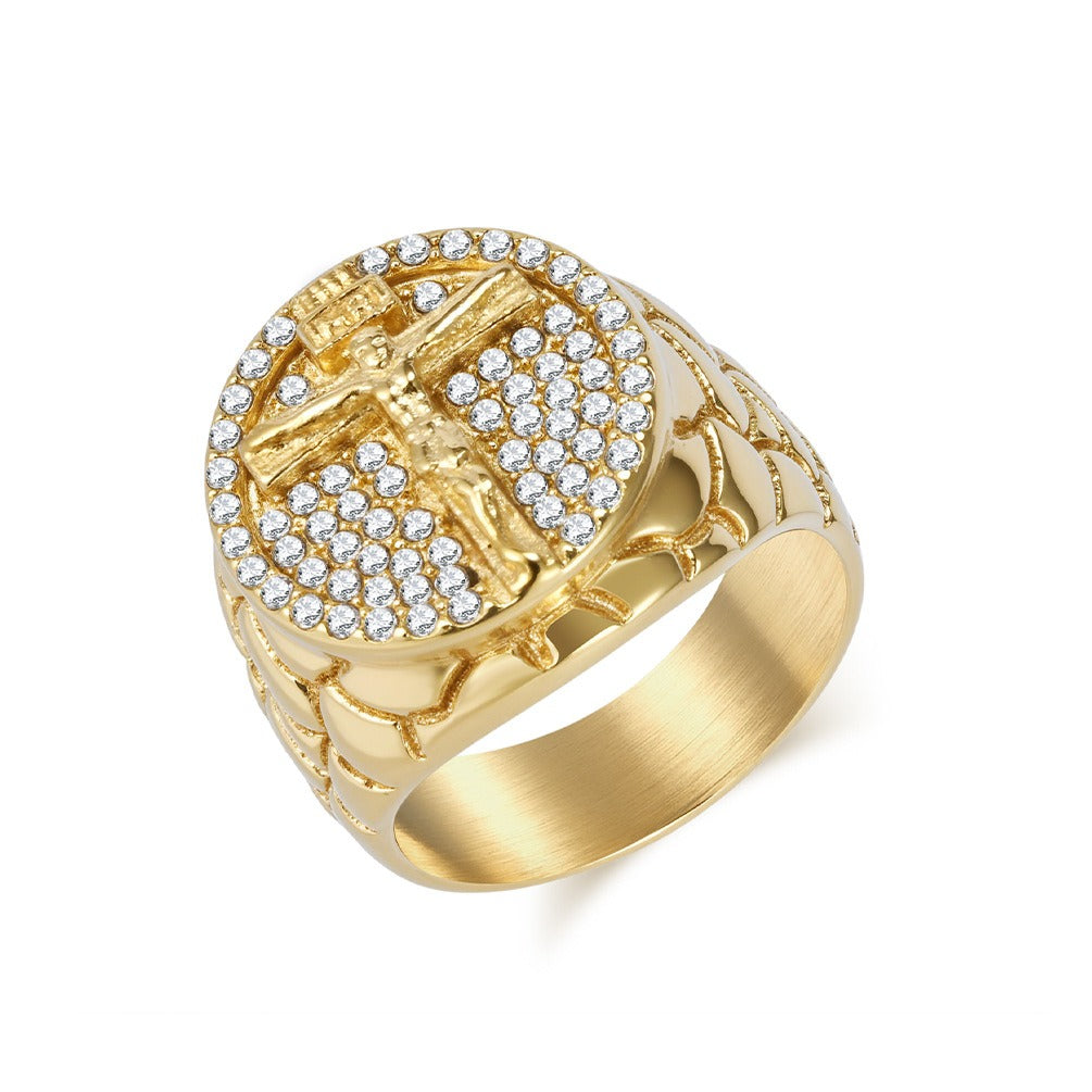 Kemstone Cross Signet Ring for Men Stainless Steel Cubic Zirconia Iced Out Gold Silver K-R1012