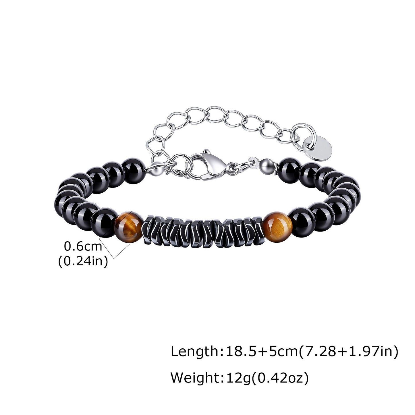 Kemston Stainless Steel Tiger Eye Beaded Bracelet for Men Black Onyx Hematite Stone Adjustable BR-2919