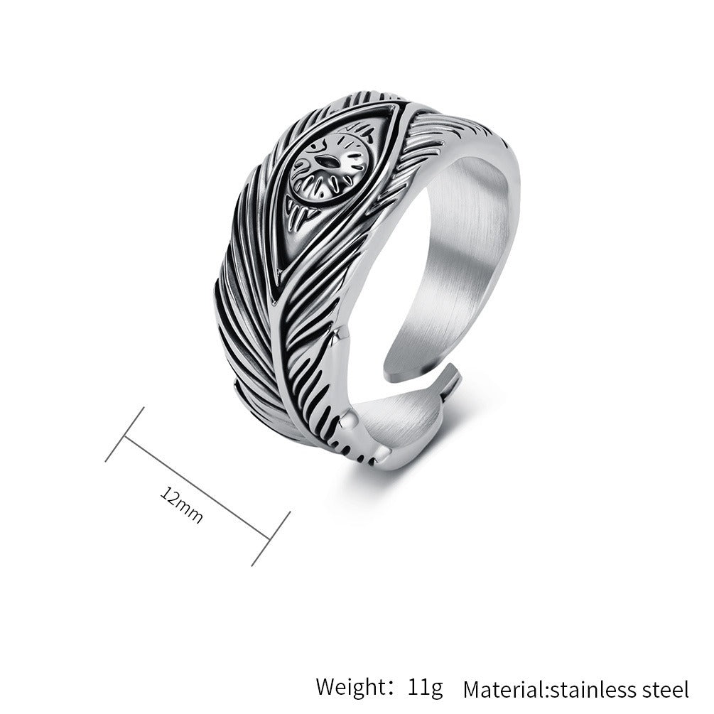 Kemstone Feather Ring for Men Titanium Steel Adjustable Open Band KR1155