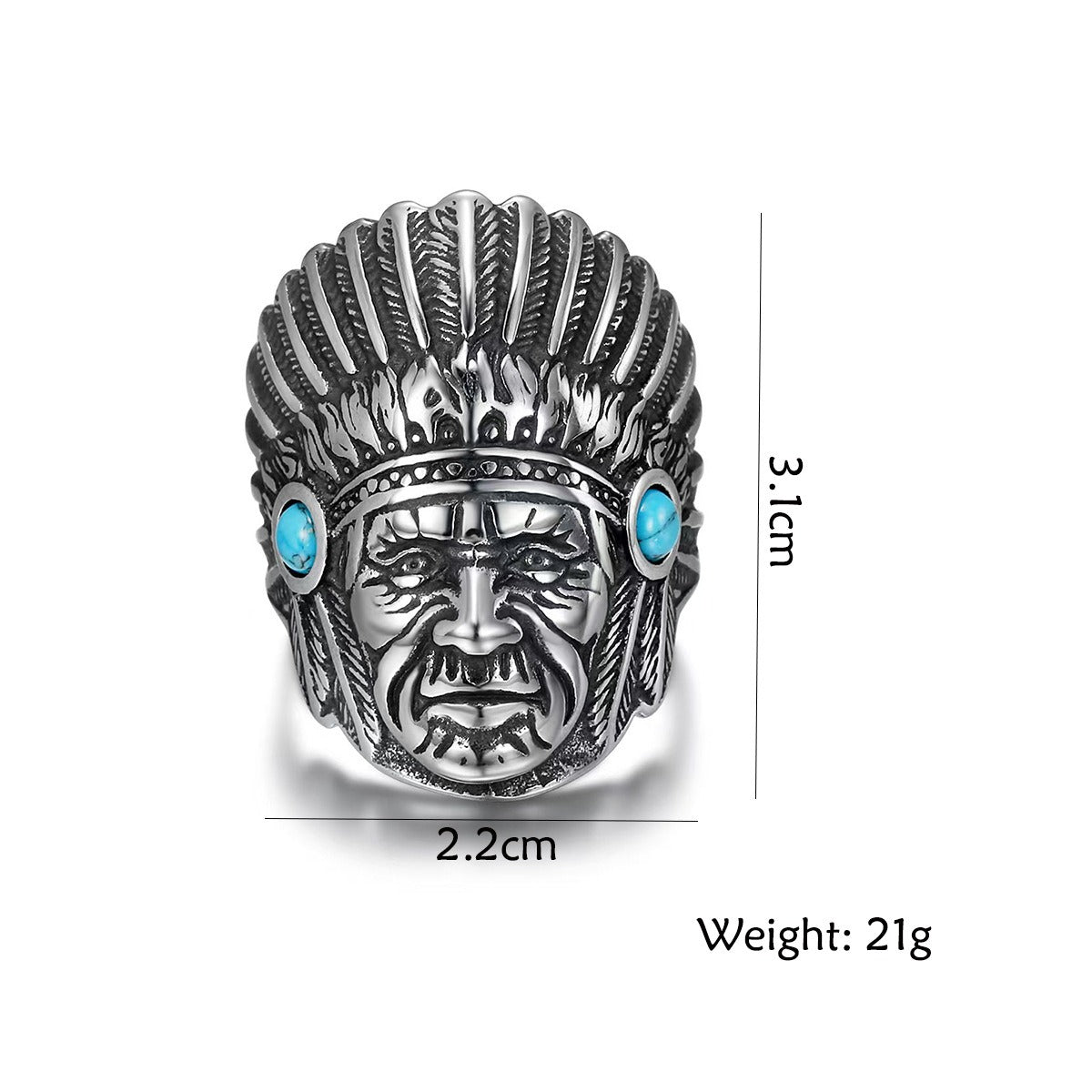 Kemstone Stainless Steel Hip Hop Vintage Portrait Turquoise Ring for Men – Silver TR0506