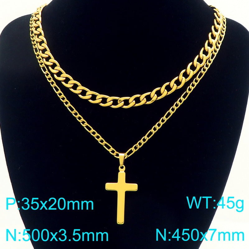 Kemstone Stainless Steel Cross Pendant Necklace for Men Layered NK Chain KN292217-Z