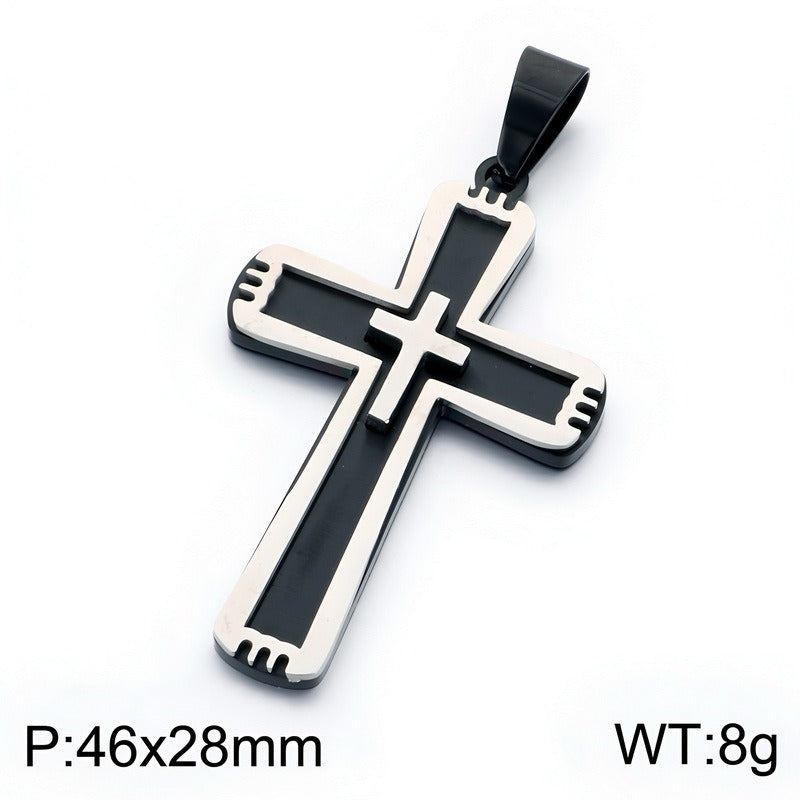 Kemston Double Layer Cross Pendant Necklace for Men Stainless Steel Inset Cross Design KP119384-KL