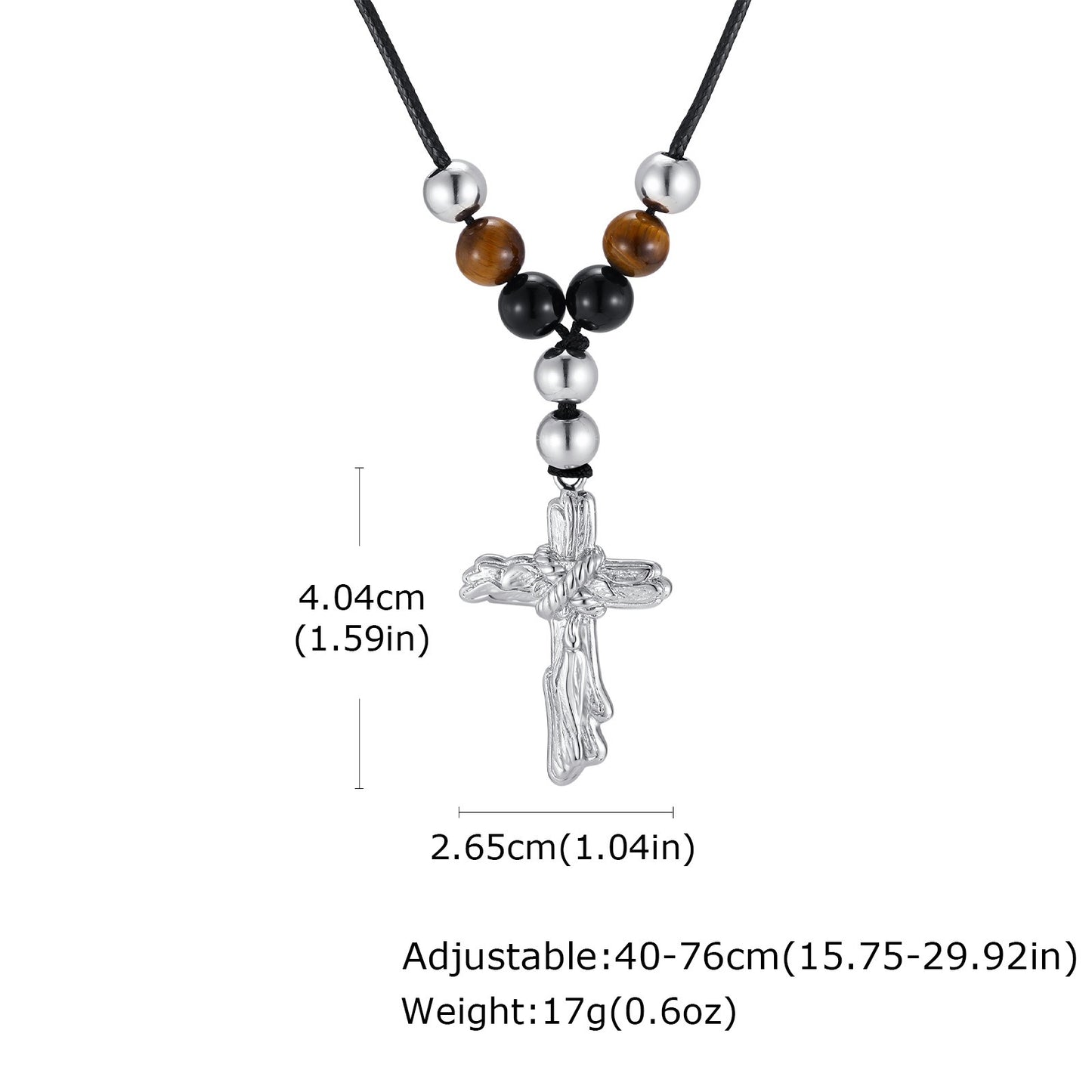 Kemston Beaded Cross Necklace for Men Black Onyx Tiger Eye Stainless Steel Adjustable Rope Pendant NC-2783