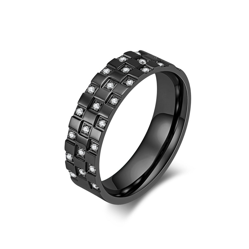 Kemstone Titanium Steel Grid Cubic Zirconia Ring Geometric Design for Men Women K-R743