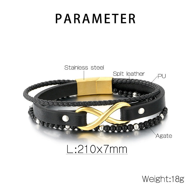 Kemstone Layered Leather Beaded Infinity Bracelet for Men Stainless Steel Clasp Wristband KB180750-JR