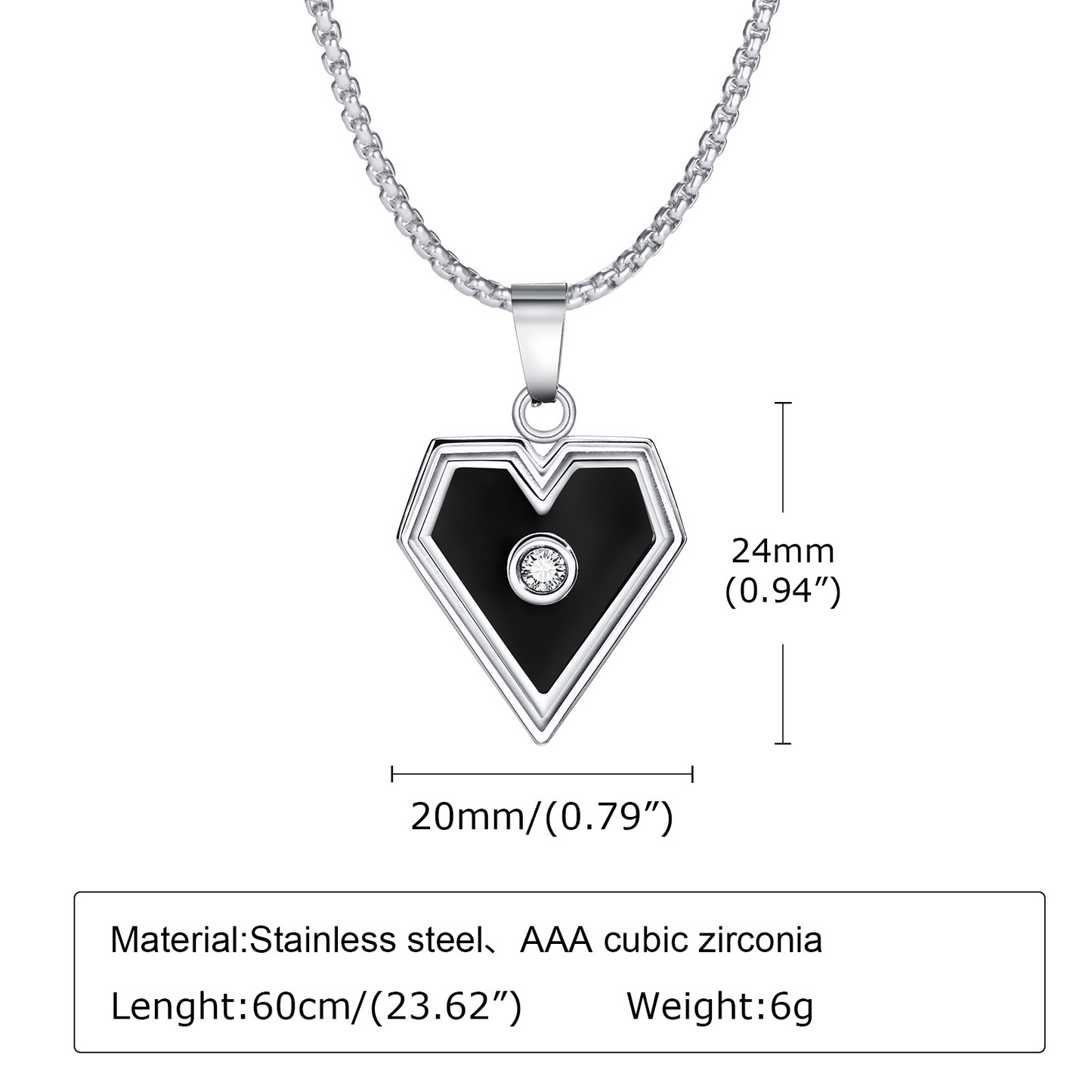 Kemstone Stainless Steel Heart Pendant Necklace for Men – Black with Cubic Zirconia