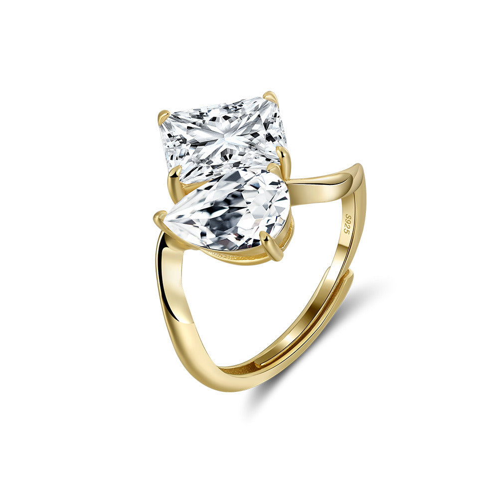 Double Stone Statement Ring – 925 Sterling Silver 8A Zircon Engagement & Promise Ring, 14K Gold or Platinum Plated Jewelry by Kemstone A4-LZR42