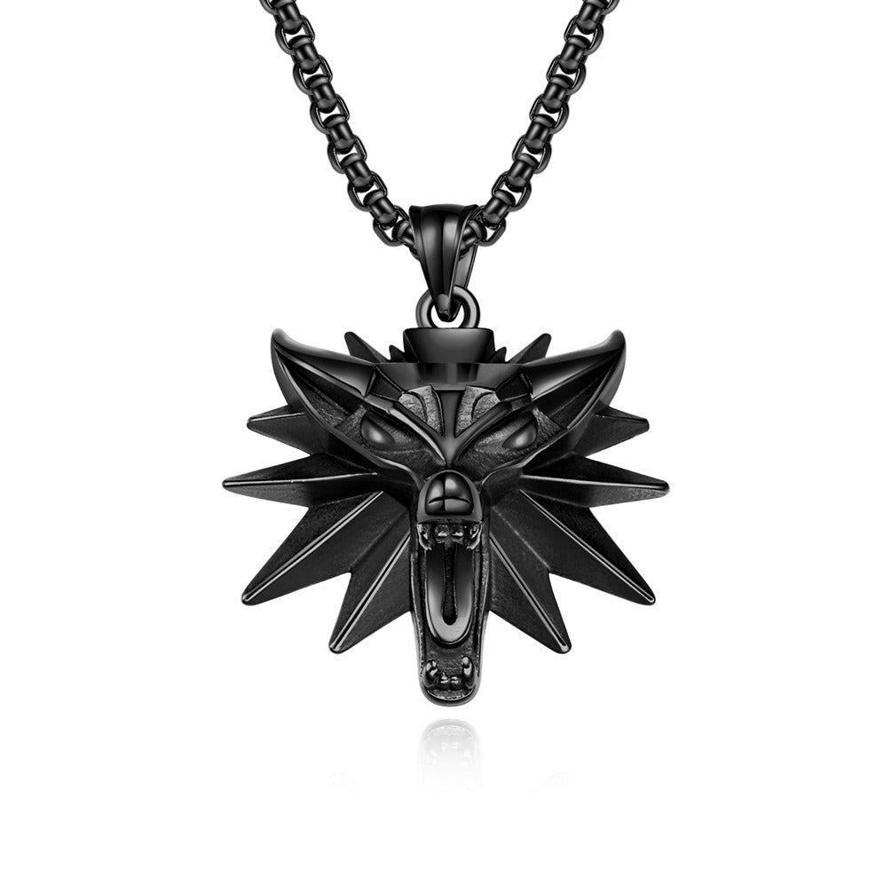 Kemstone Men’s Titanium Steel Wolf Head Pendant Necklace – Witcher Inspired K-PT552